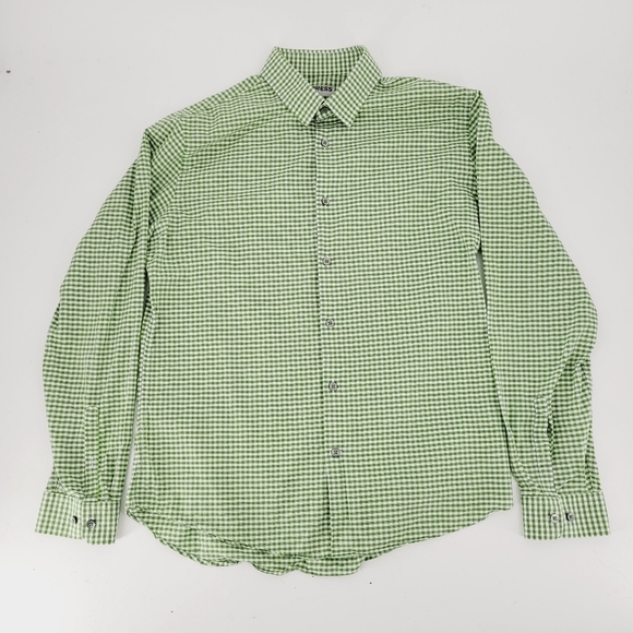 Express Fitted Button Down Shirt Mens Size Large Green Plaid Check Long Sleeve - Picture 3 of 4